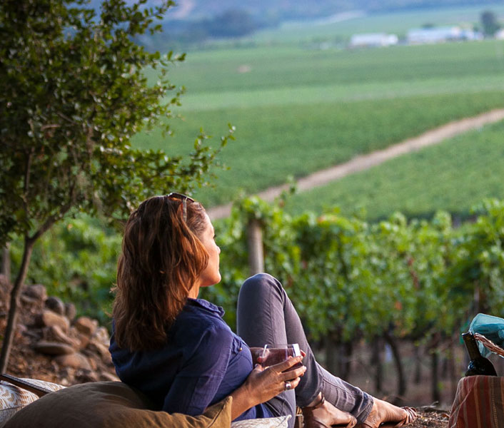woman reclined on a picnic blanket with wine overlooking a vineyard