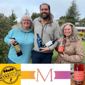 From left to right: Beth, Lucas Meeker, Marcy. Below is the Wine Road Podcast logo and the meeker logo 