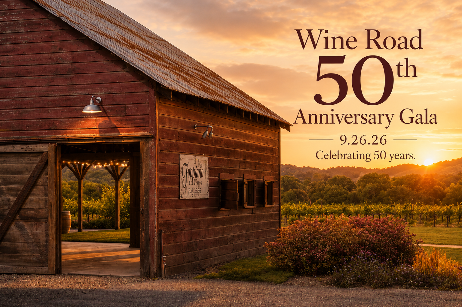 Image of barn, sunset and a vineyard at Foppiano Vineyards with the text Wine Road 50th Anniversary Gala 9.26.26 on the top.